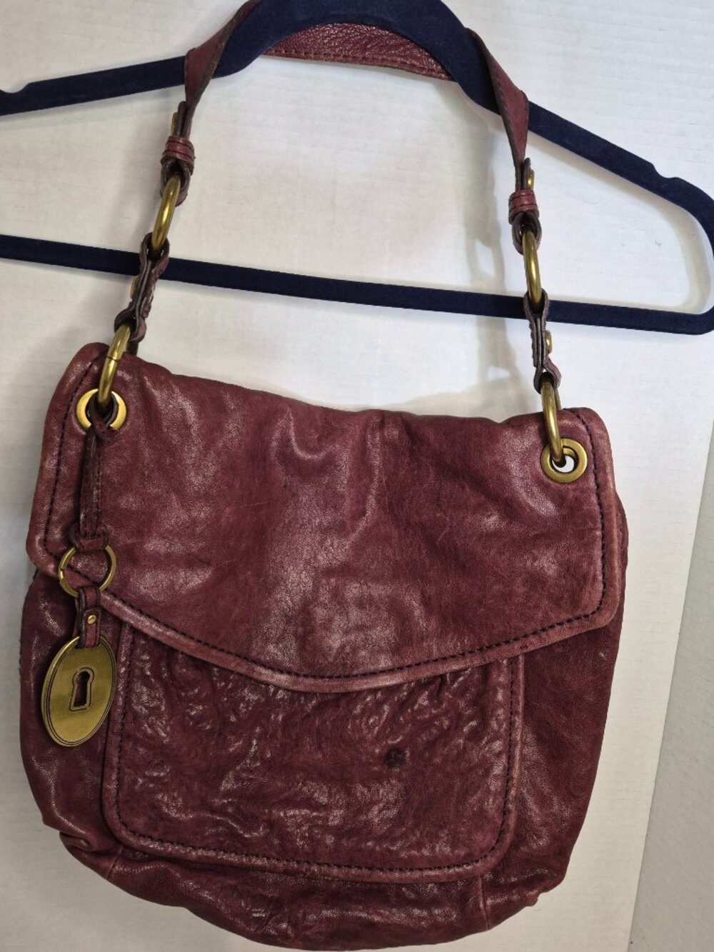 Fossil Purple Leather Classic Retro City Charm Vintage Large Shoulder Bag